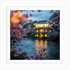 Cherry Blossoms By The River Art Print