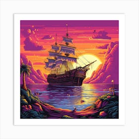 Pirate Ship At Sunset Art Print