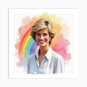 Watercolor Of Smiling Princess Diana With Rainbow Colored Background 1 Art Print