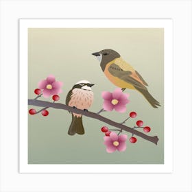 Two Birds Perched On A Branch Birds Flowers Animals Blossom Art Print