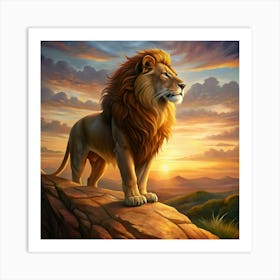 Majestic Lion Standing On A Mountain At Sunset Art Print