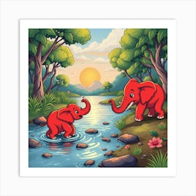 Elephants In The River Art Print