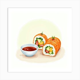 A Whimsical Watercolor Of A Fresh And Colorful Summer Roll With Dipping Sauce 1 Art Print