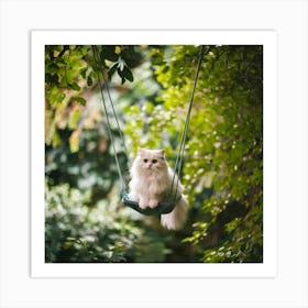 White Cat On Swing 1 Art Print