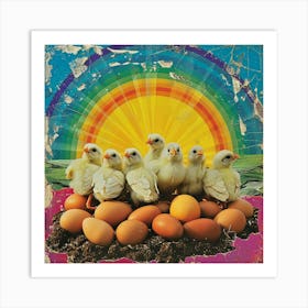 Rainbow Retro Collage Chicks & Eggs 1 Art Print