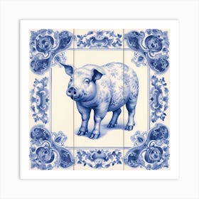 Lucky Pig Delft Tile Illustration 7 Art Print