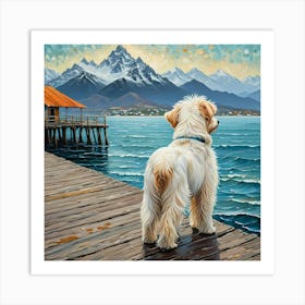 Dog On The Pier With Sea And Mountain Art Print