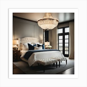 A Luxurious White Bed Sits In A Modern Yet Elegant Bedroom Centered Under A Chandelier, Surrounded By Pillows And Windows Providing Natural Light Art Print