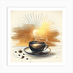 Coffee Cup With Coffee Beans And Sun Art Print