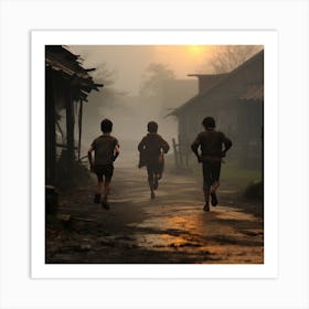 Boys Running In The Fog Art Print