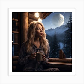 Beautiful Girl In Pajamas At Night Art Print