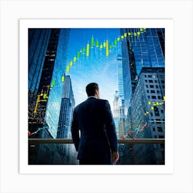 Career Progress Graph Soaring Upwards Against A Backdrop Of A Bustling Wall Street A Businessman In Art Print