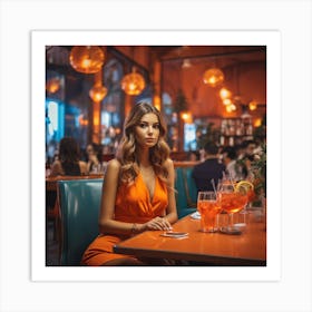 Beautiful Woman In Orange Dress In A Restaurant 1 Art Print