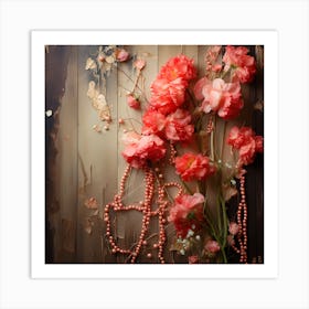 Pink Flowers On A Wooden Background Art Print