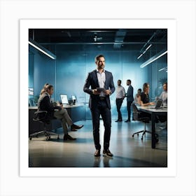 Confident Ceo Standing Center At A Sleek Modern Office Workshop Surrounded By Focused Team In Moti (6) Art Print