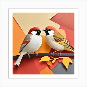 Firefly A Modern Illustration Of 2 Beautiful Sparrows Together In Neutral Colors Of Taupe, Gray, Tan (83) Art Print