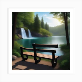 Bench By The Waterfall Art Print