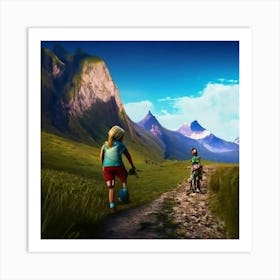 Two Children Riding Bikes In The Mountains Art Print