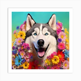 Flower Dog Husky Art Print