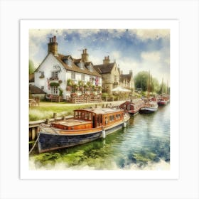 Boat outside pub water colour Art Print