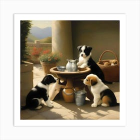 Puppies At The Table Animal Art Print Art Print