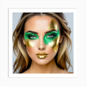 Beautiful Woman With Green And Gold Makeup Art Print