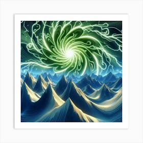 3 Dimensional Mountains With Multiple Green Lightning And White Swirls In A Vortex 4 Art Print