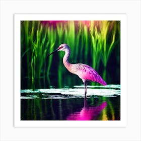 Pink Wading Bird alongside Lush Green Aquatic Grass Art Print