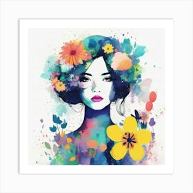 Watercolor Girl With Flowers 2 Art Print