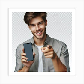 Young Man Pointing At His Phone 1 Art Print