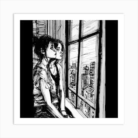 Two Girls Looking Out A Window Art Print