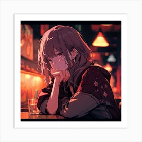 Anime Girl Sitting At A Bar 1 Art Print