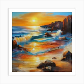 Artwork, oil colors, sea and sunset, seashore, beach rocks.San Francisco, USA.11 Art Print