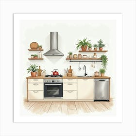 Watercolor Kitchen Background, Modern Yet Homey 1 Art Print