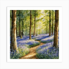 Bluebells In The Woods - Watercolor Sunlit Forest Path HD Gallery Wall Fine Art - Purple Blue May Day Beautiful Tranquil Peaceful Landscale Scenery Square Art Print
