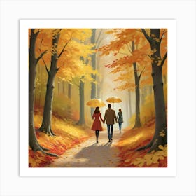 Couple Walking In The Autumn Forest Art Print