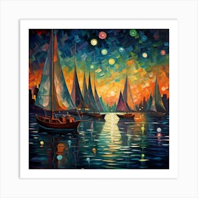 Sailboats At Night Art Print