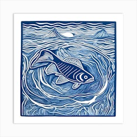 Linocut Fish In The Water 1 Art Print