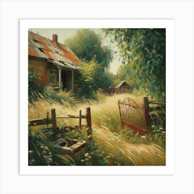 Abandoned House And Old Fence In The Countryside, Acrylic Painting Style Art Print