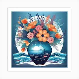 Flower Vase Decorated With Night Seascape, Blue And Orange Art Print