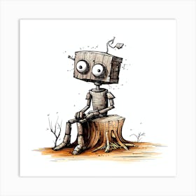 Robot Sitting On A Stump Art Print