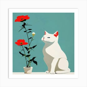 White Cat With Red Flowers Art Print