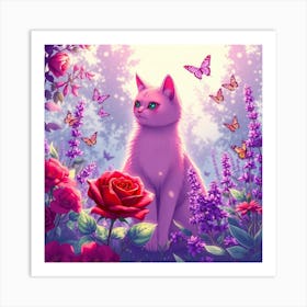 Pink Cat In The Garden Art Print