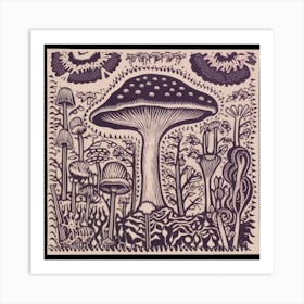 Mushroom Woodcut Purple 3 Art Print
