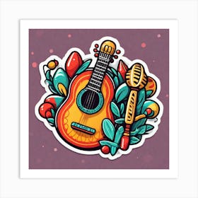 Mexican Guitar And Maracas Sticker 2d Cute Fantasy Dreamy Vector Illustration 2d Flat Centere Art Print