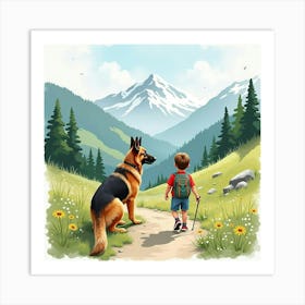 A German Shepherd And A Boy Hiking In The Mountains, Watercolor 1 Art Print