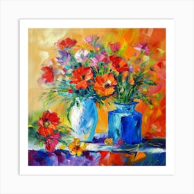 Flowers In Blue Vases 1 Art Print