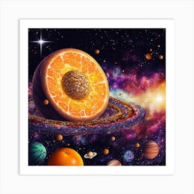 Glittery Cosmic Orange Planets Vintage Collage Art Print