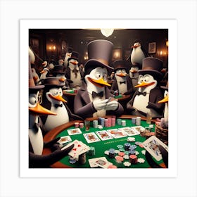 Penguins At The Poker Table Art Print