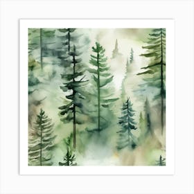 Appalachian Mountains of Misty Pines Watercolor Print of Evergreen Forest..370 Art Print